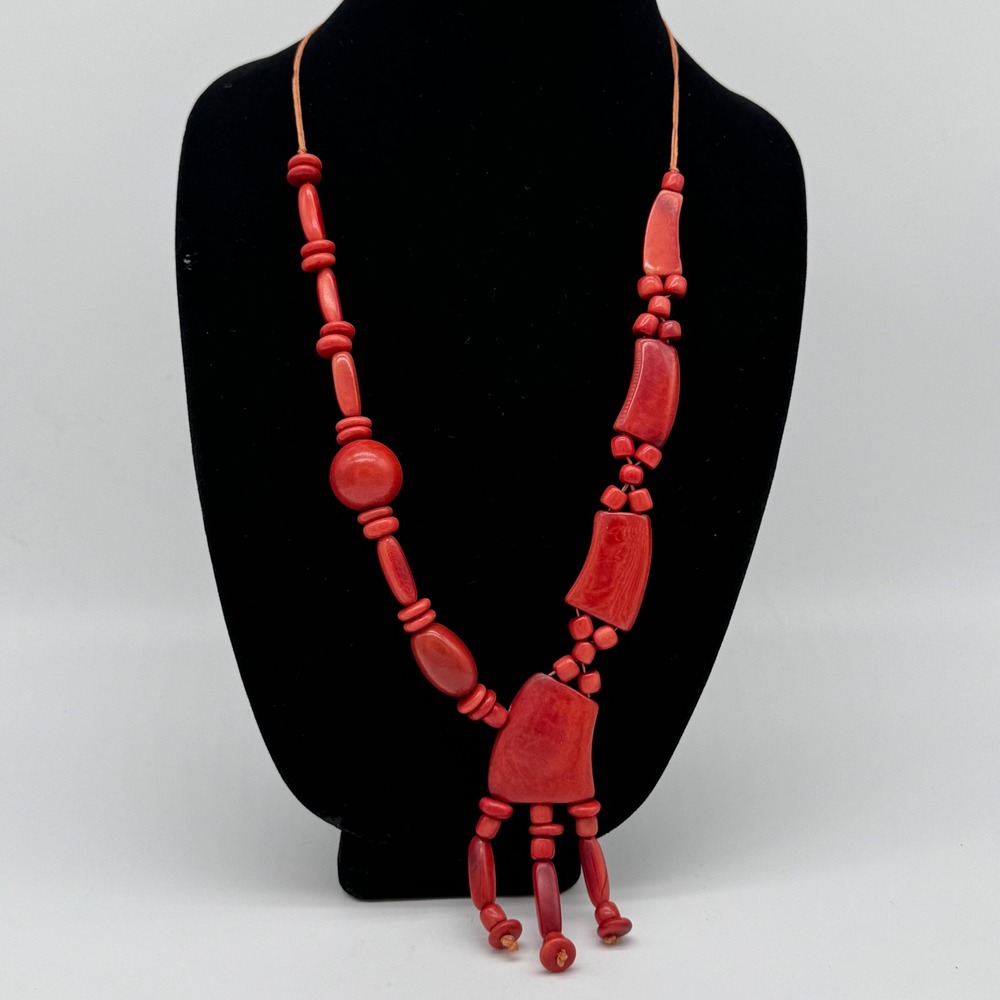Vtg 1980s Chunky Red Asymmetrical Statement Necklace Artsy Resin Fringe 16"